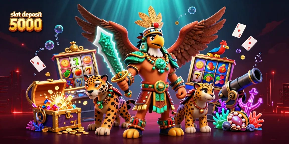 Experience thrilling wins at slot deposit 5000 with dynamic 3D casino illustration of winning symbols and warriors.