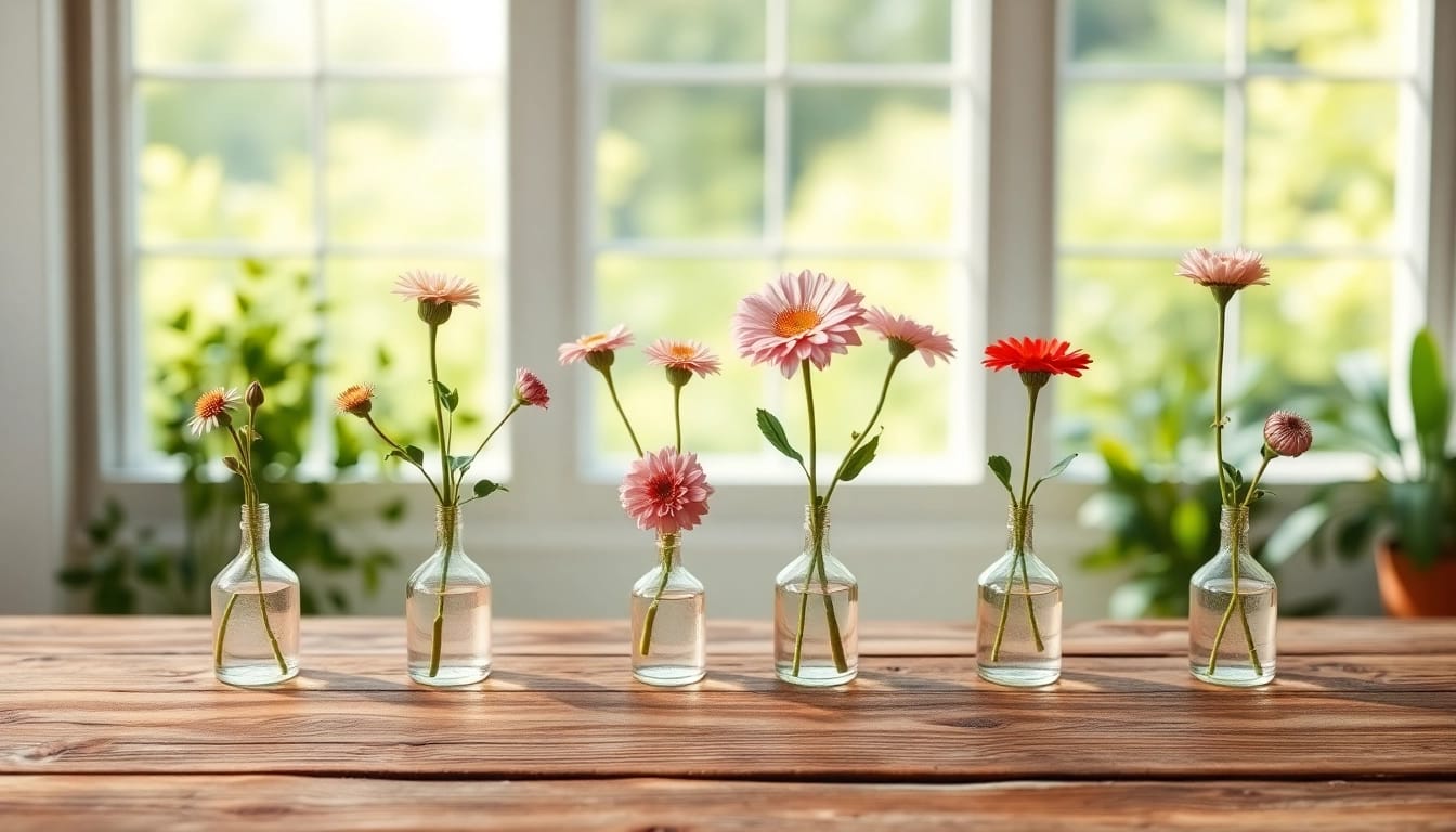 Display elegant bud vases holding vibrant flowers on a rustic table in natural light.