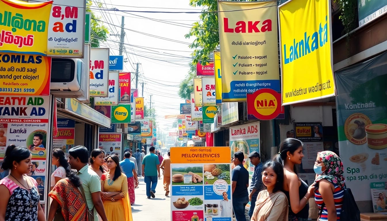 Lanka Ad marketplace scene with vibrant banners and engaging people in Sri Lanka