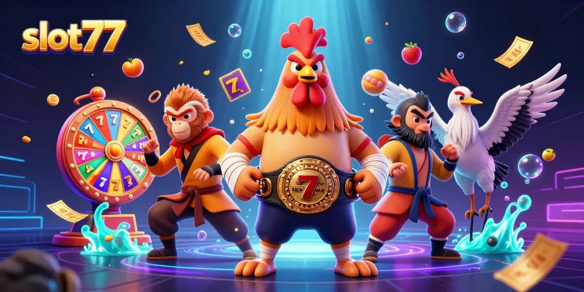 Menangkan jackpot dengan slot77 di ilustrasi bergaya kasino dengan simbol buah