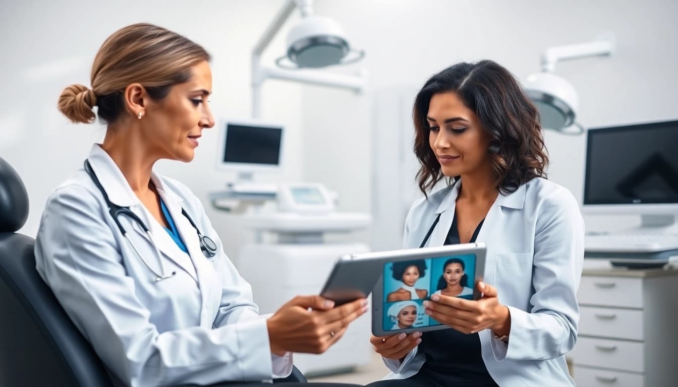 Kirkegaard Aesthetics zeigt eine professionelle Beratung zwischen Ärztin und Patientin in einem modernen Kliniksetting.