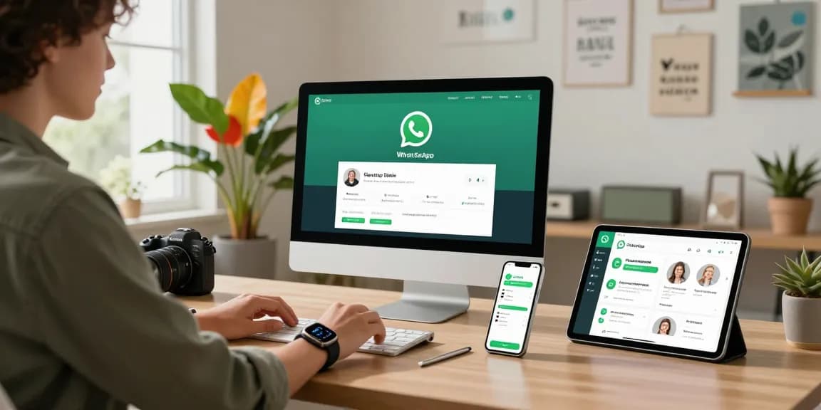 Using WhatsApp電腦版 on a sleek desktop in a modern home office.