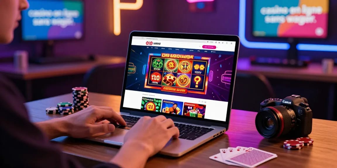 Scène engageante d'un utilisateur de casino en ligne explorant les offres de casino en ligne sans wager avec des lumières vives.