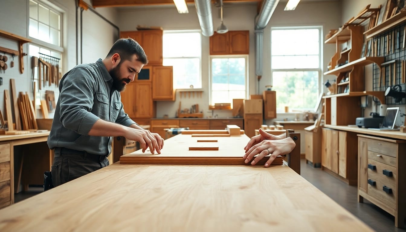Craftsmanship of cabinet makers demonstrating skills and intricate designs in a bright workshop.