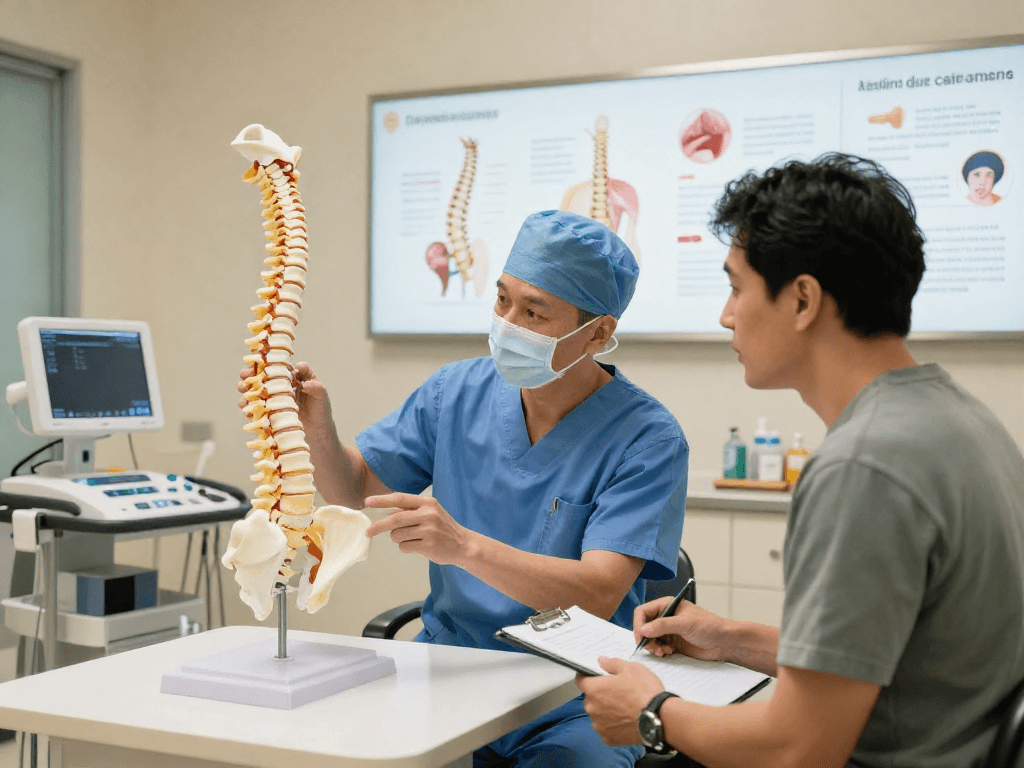 Dar kanal ameliyatı consultation between surgeon and patient in modern clinical setting.