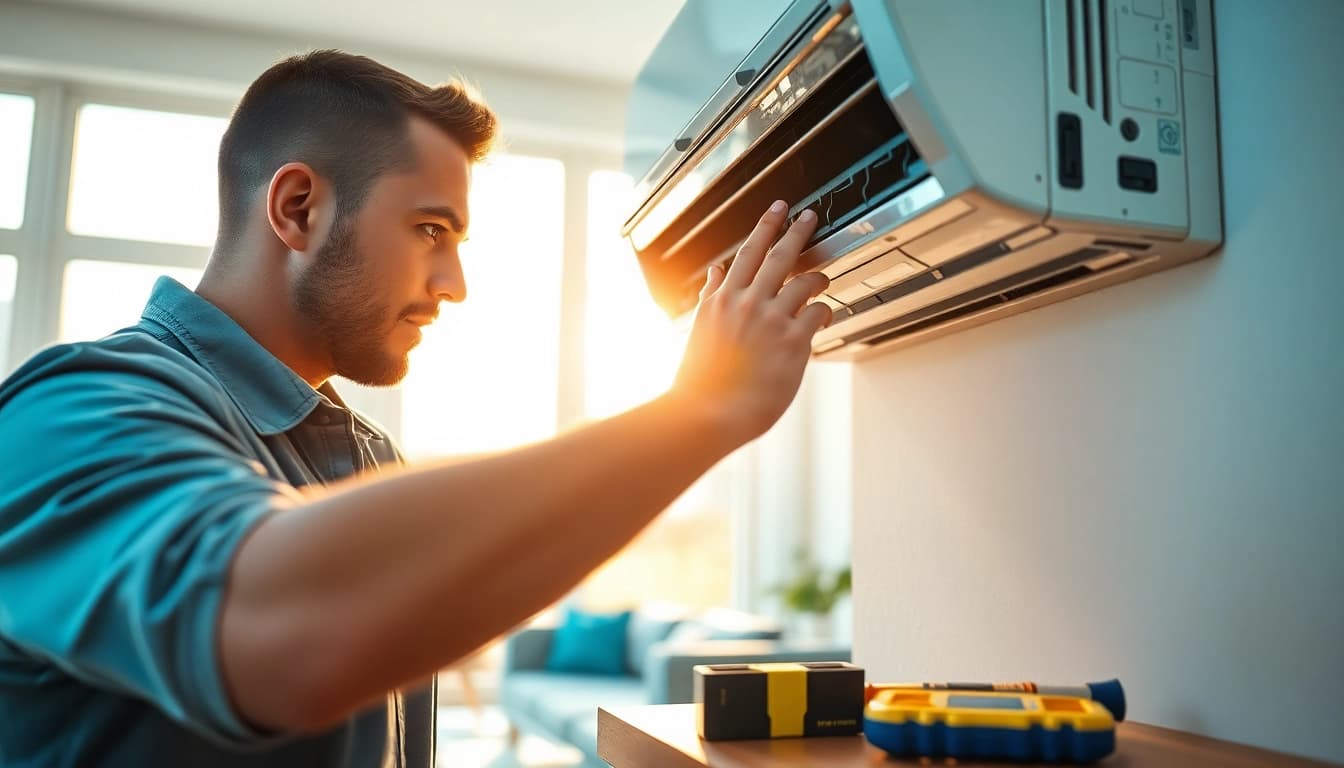 Ensure reliable air conditioning repair Canada with a skilled technician examining a central unit in a bright home.