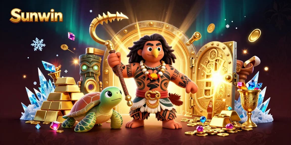 Sunwin captures excitement in a vibrant casino scene with dynamic characters and sparkling treasures.