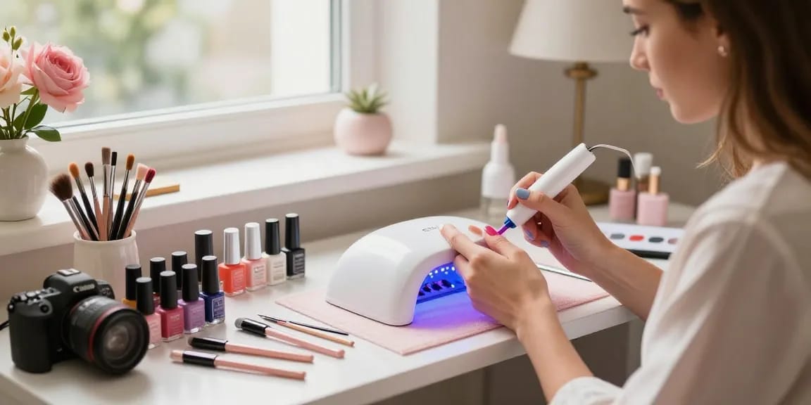 Femeie utilizând o lampa UV LED unghii pentru manichiură gel într-un salon de unghii stilat.