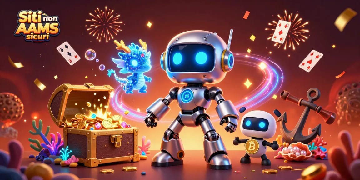 Siti non AAMS sicuri evidenziati in una vivace scena di casinò 3D con un robot cyberpunk e elementi digitali.