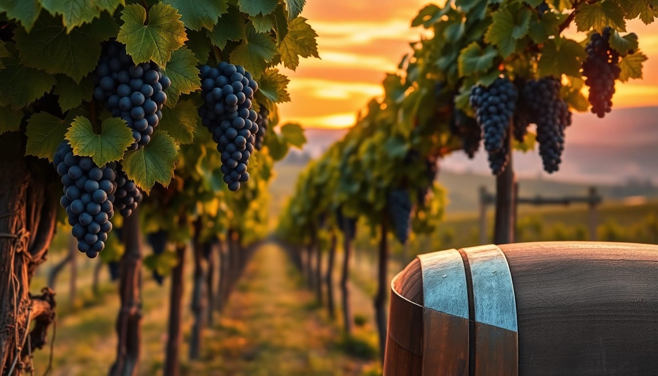 Experience the charm of Clarksburg wineries amidst lush grapevines and a sunset backdrop.