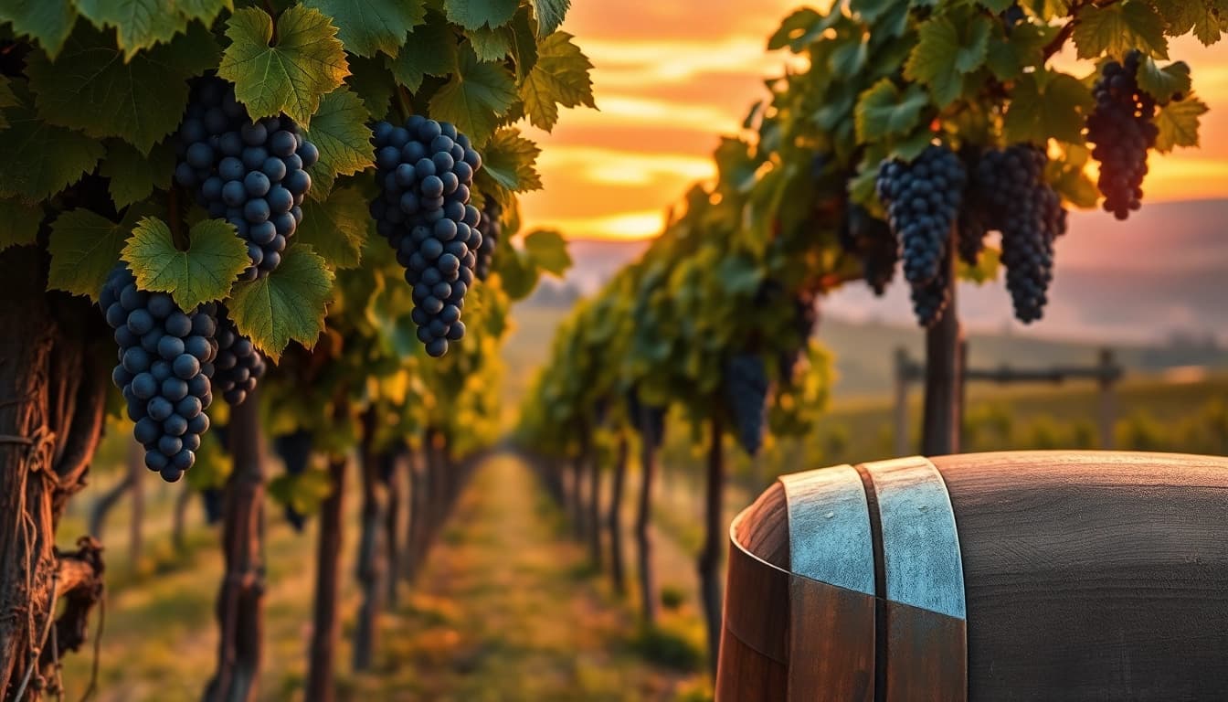 Experience the charm of Clarksburg wineries amidst lush grapevines and a sunset backdrop.