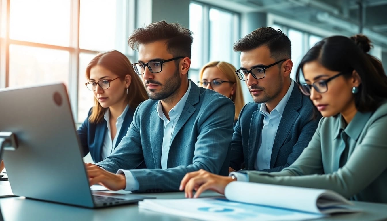 Utilizing a sales navigator scraper in a dynamic office environment, showcasing focused professionals.