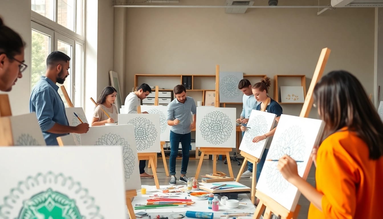 Engaged individuals in a painting apprenticeship workshop creating vibrant artwork.