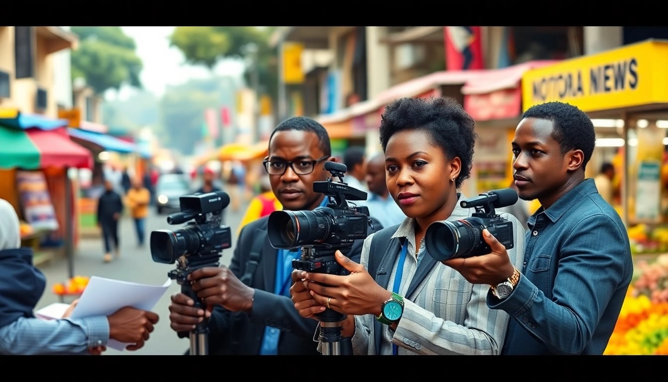 Reporters delivering engaging Kenya News amidst vibrant market scenes.