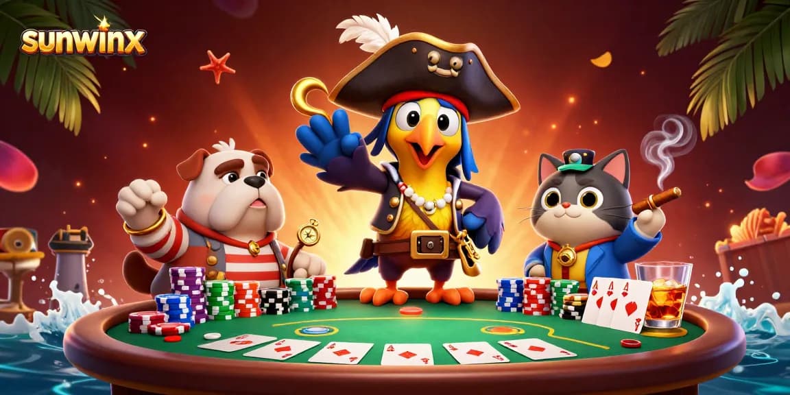 Engage with sunwinx branded casino fun featuring a pirate parrot, bulldog, and cat over poker elements.