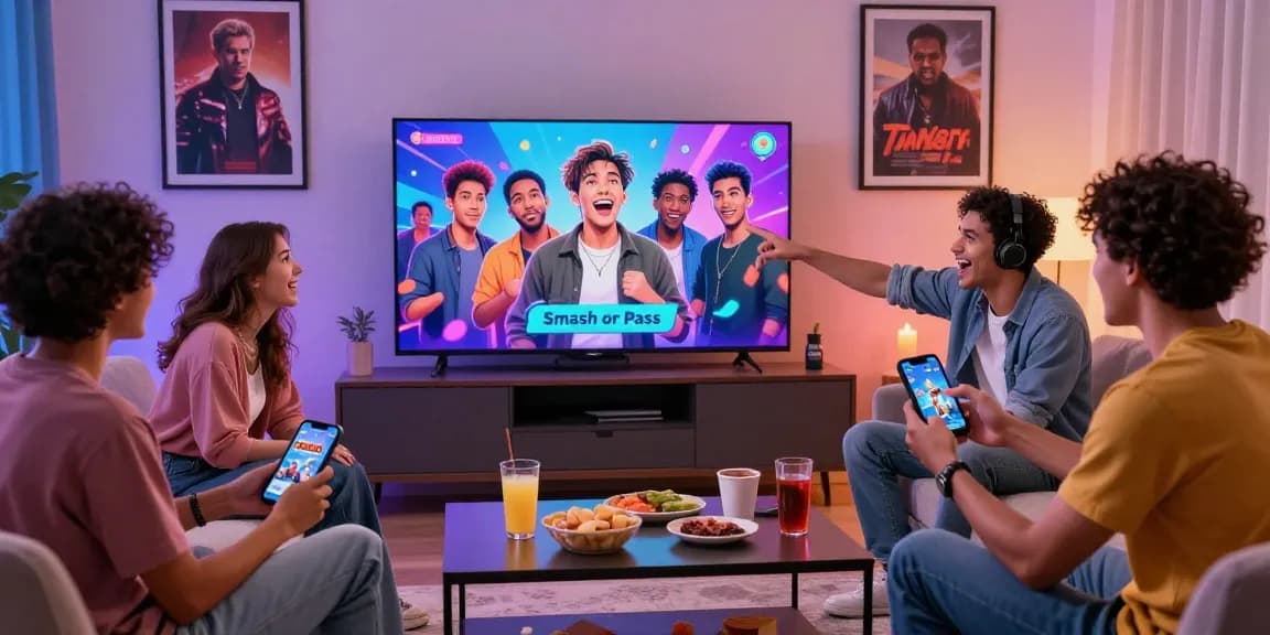 Friends enjoying a lively "smash or pass" game night with AI-generated celebrities on screen.