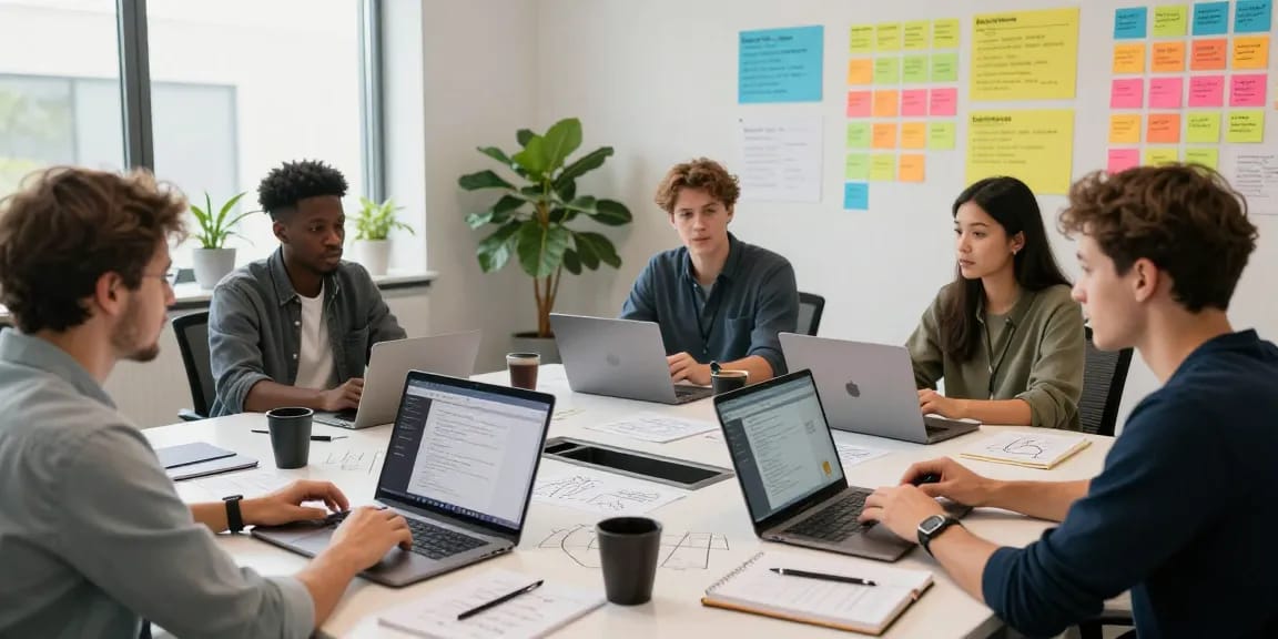 Kobold AI team collaborating in a modern workspace, showcasing innovation and productivity.