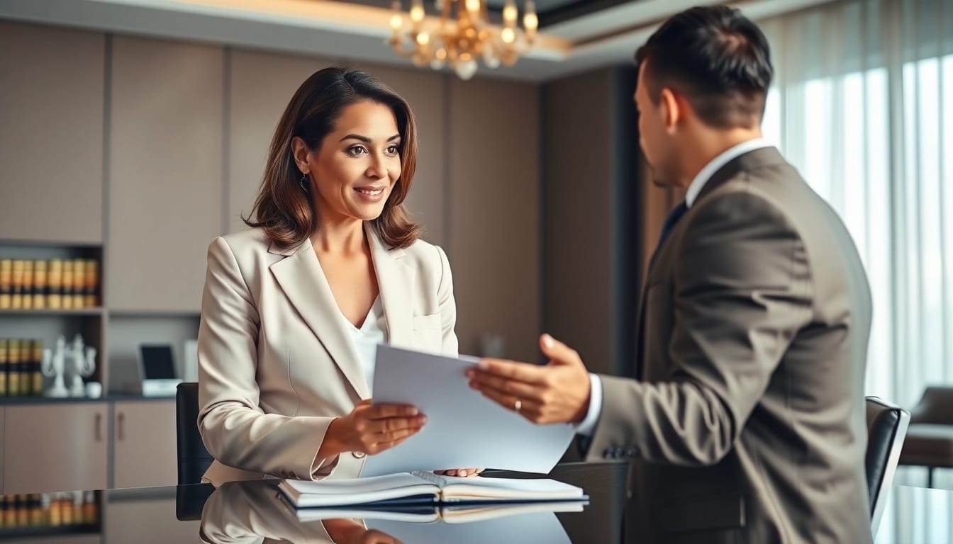 Miami high net worth divorce lawyer guiding a client in a professional office.