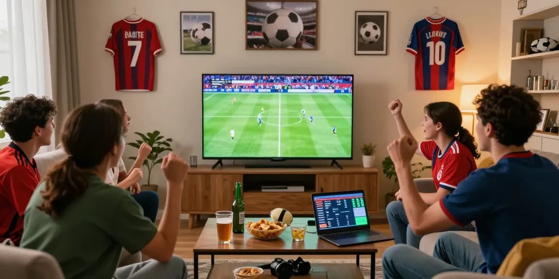Nonton bola bersama teman-teman di ruang tamu yang nyaman, menyaksikan pertandingan sepak bola langsung dengan suasana ceria.