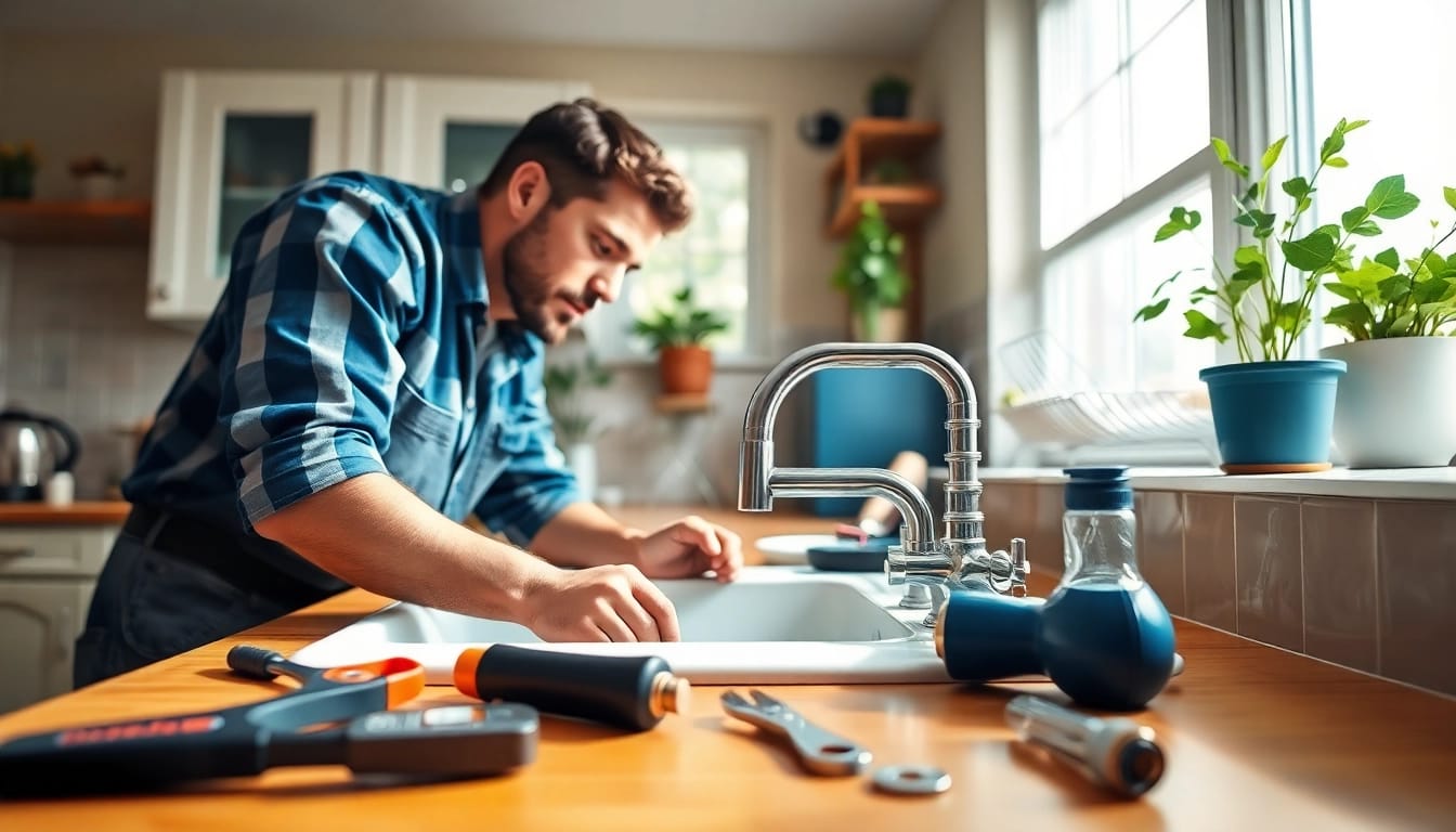 Local plumber repairing a sink, showcasing expertise and professionalism in a warm kitchen setting.