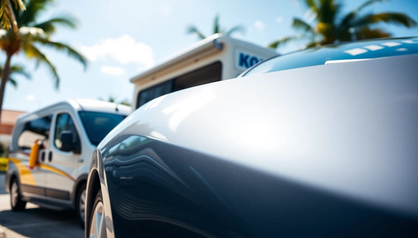 Palm Beach mobile detailing showcasing a professional car detail with shiny finishes and cleaning supplies.