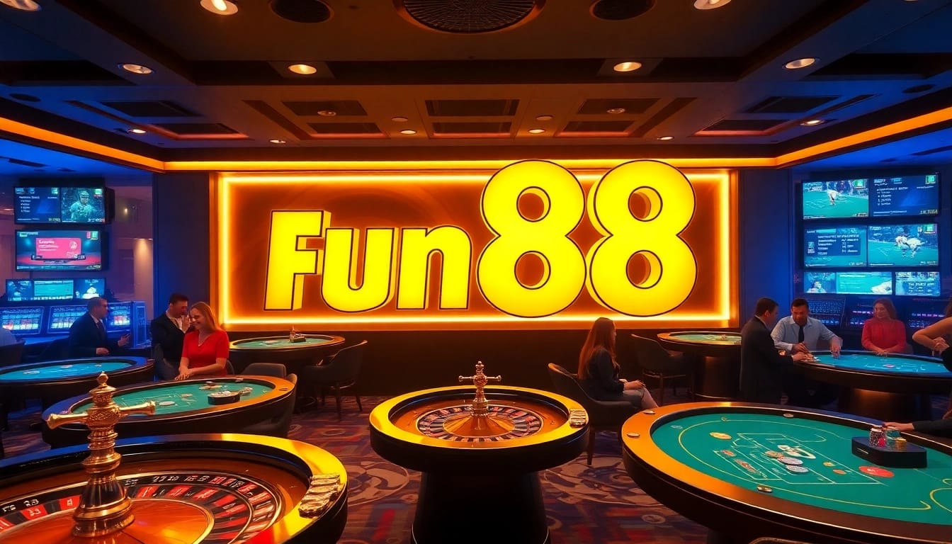 Exciting Fun88 gaming scene featuring casino tables and vibrant ambiance.