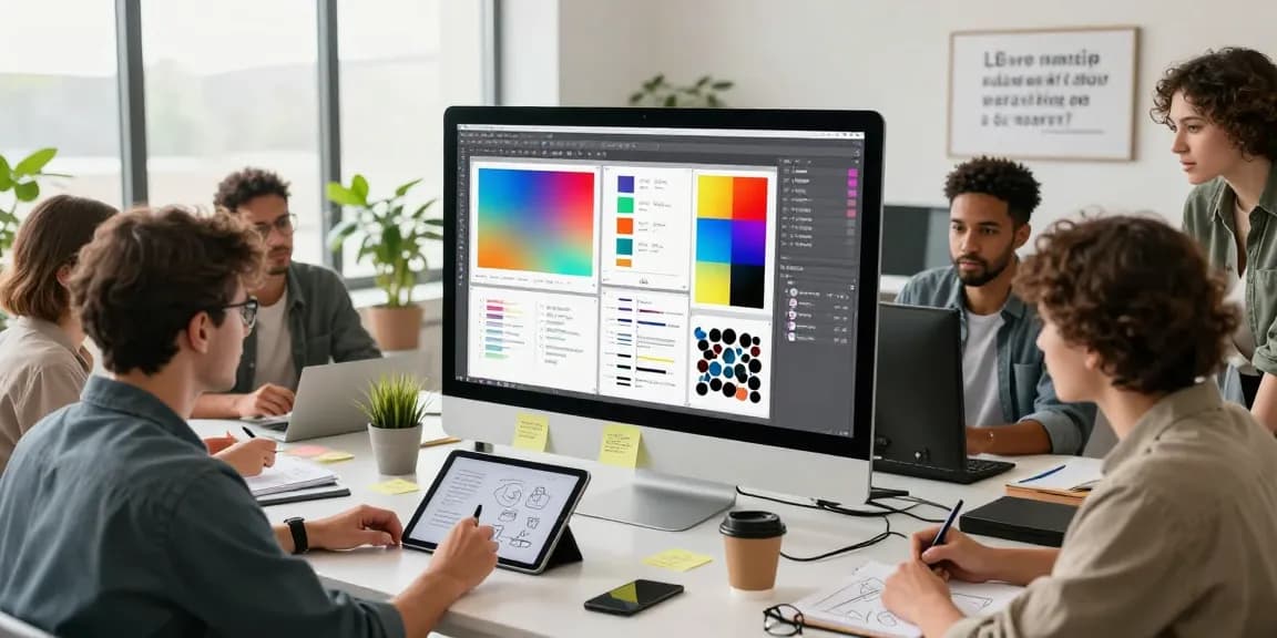 Diverse team collaborating on creative projects using mixboard tool in a modern workspace with vibrant moodboards.