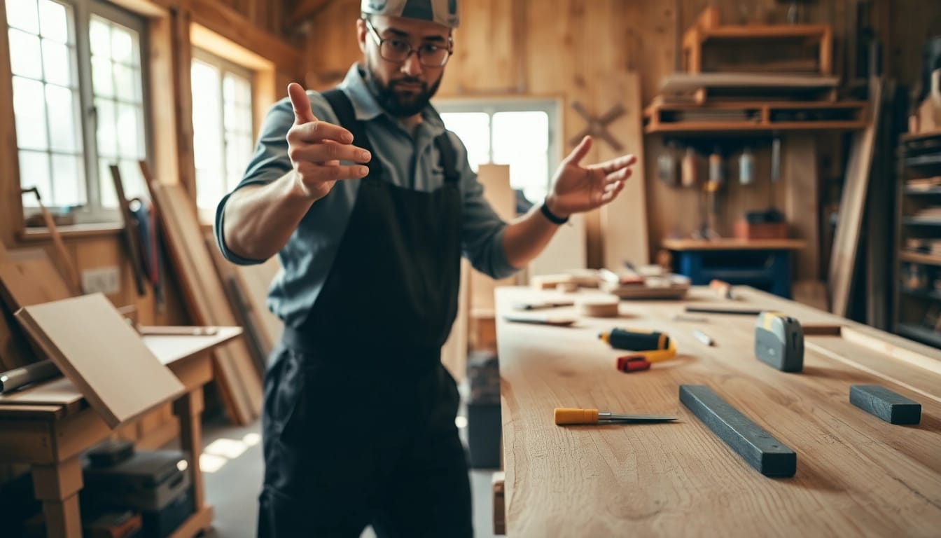 Master carpenter engaged in carpentry apprenticeship, skillfully working at his workshop.