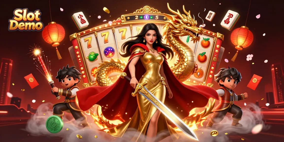 Engage in the thrilling Slot Demo experience with colorful slot reels, golden dragon, and dynamic casino elements.