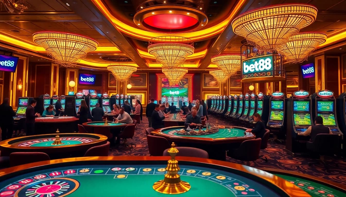 Experience the thrill of Bet88's luxurious casino atmosphere filled with exciting games and vibrant energy.