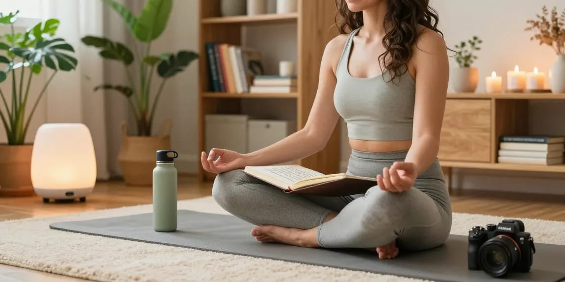 Mindfulness meditation scene featuring rokok88 slot lifestyle blogger practicing wellness in serene home environment.