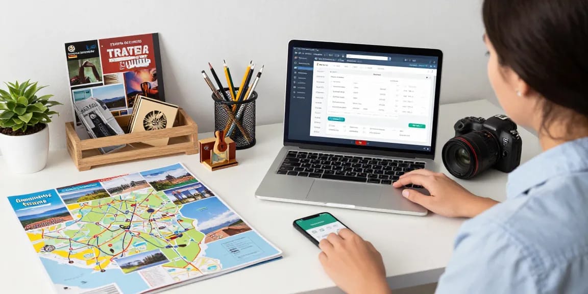 Travel agent payment process in action at a stylish desk, with travel planning tools and client itineraries.