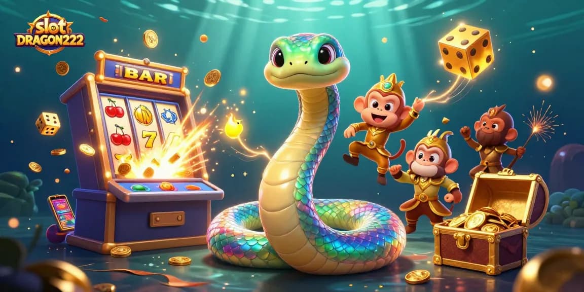 Play slot DRAGON222 amidst a colorful explosion of coins and symbols, showcasing an exciting casino atmosphere.