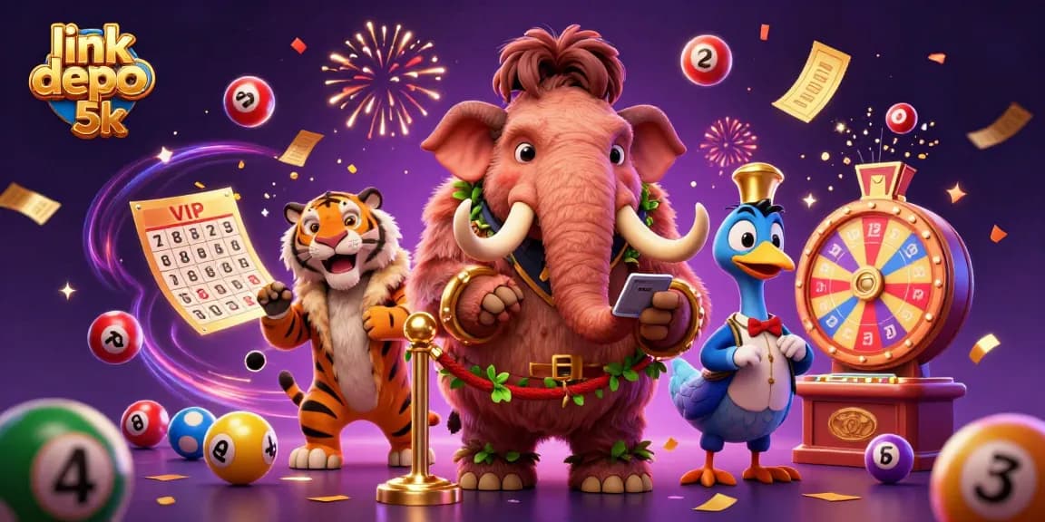 Join the action with link depo 5k as colorful lottery balls and vibrant casino elements surround dynamic characters.