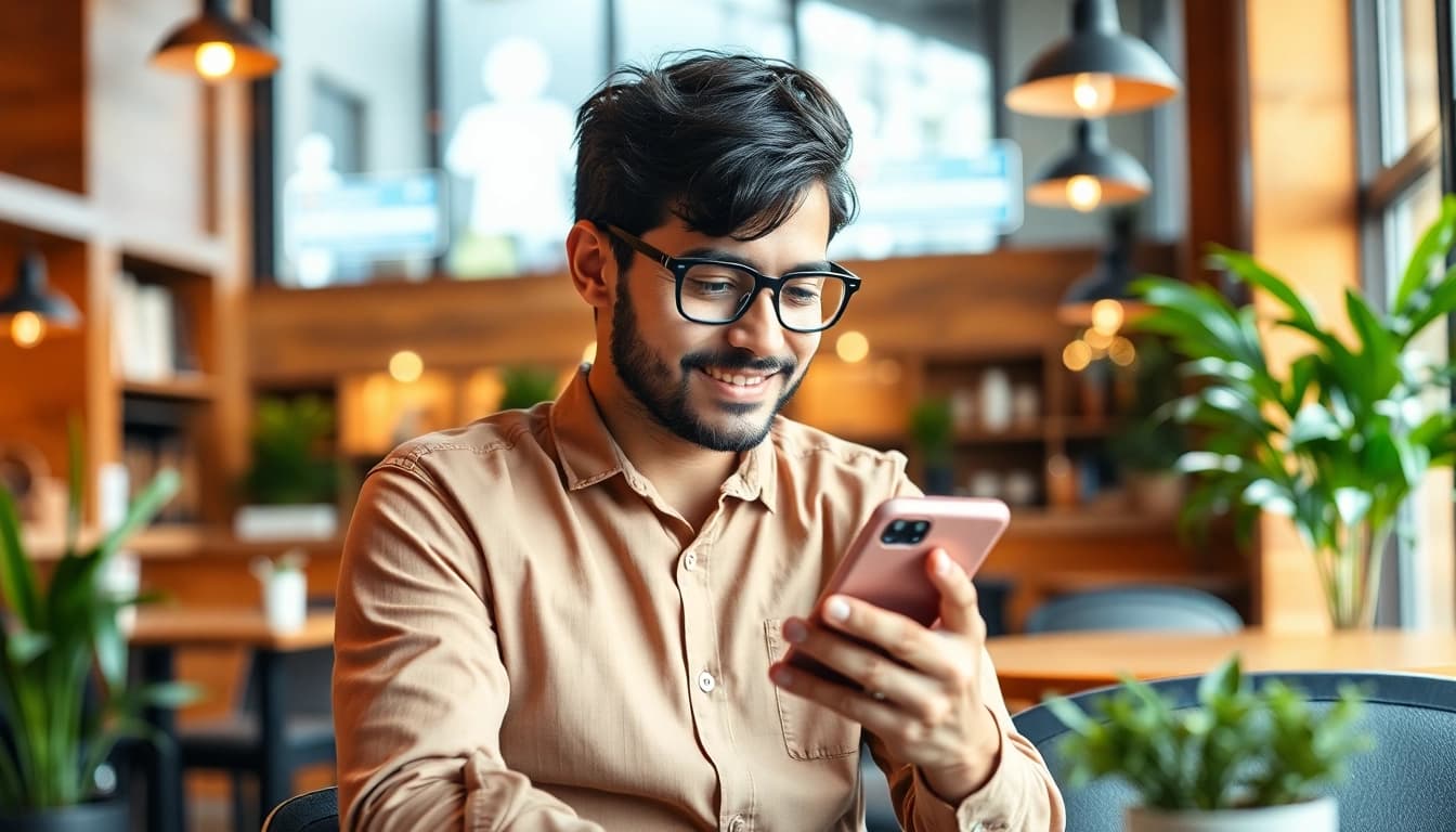 instagram フォロワー 購入を検討しているカフェの若者のスマートフォン使用