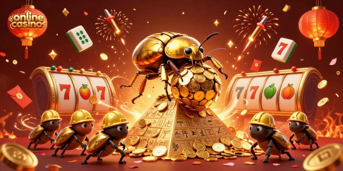 Explore vibrant online casinos with a golden dung beetle rolling coins in a stunning 3D scene.