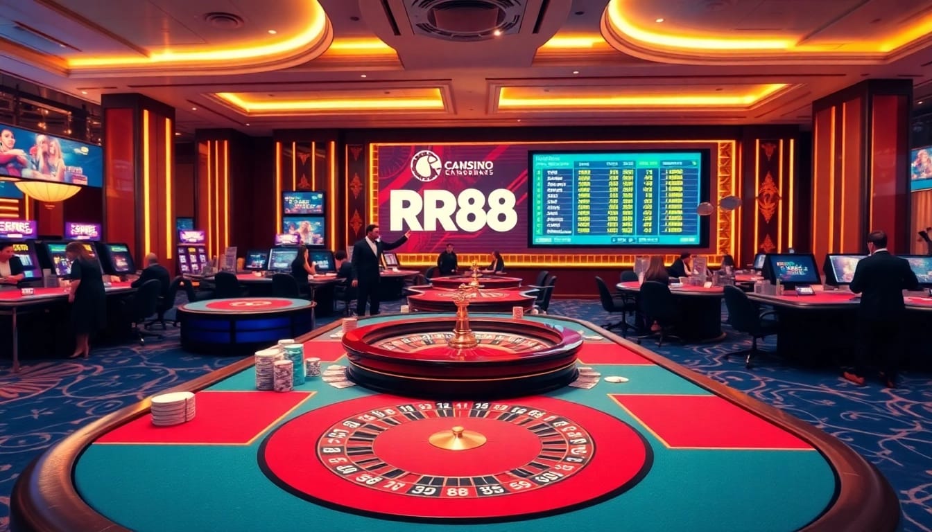 RR88 players enjoying vibrant casino games with colorful betting tables and chips.