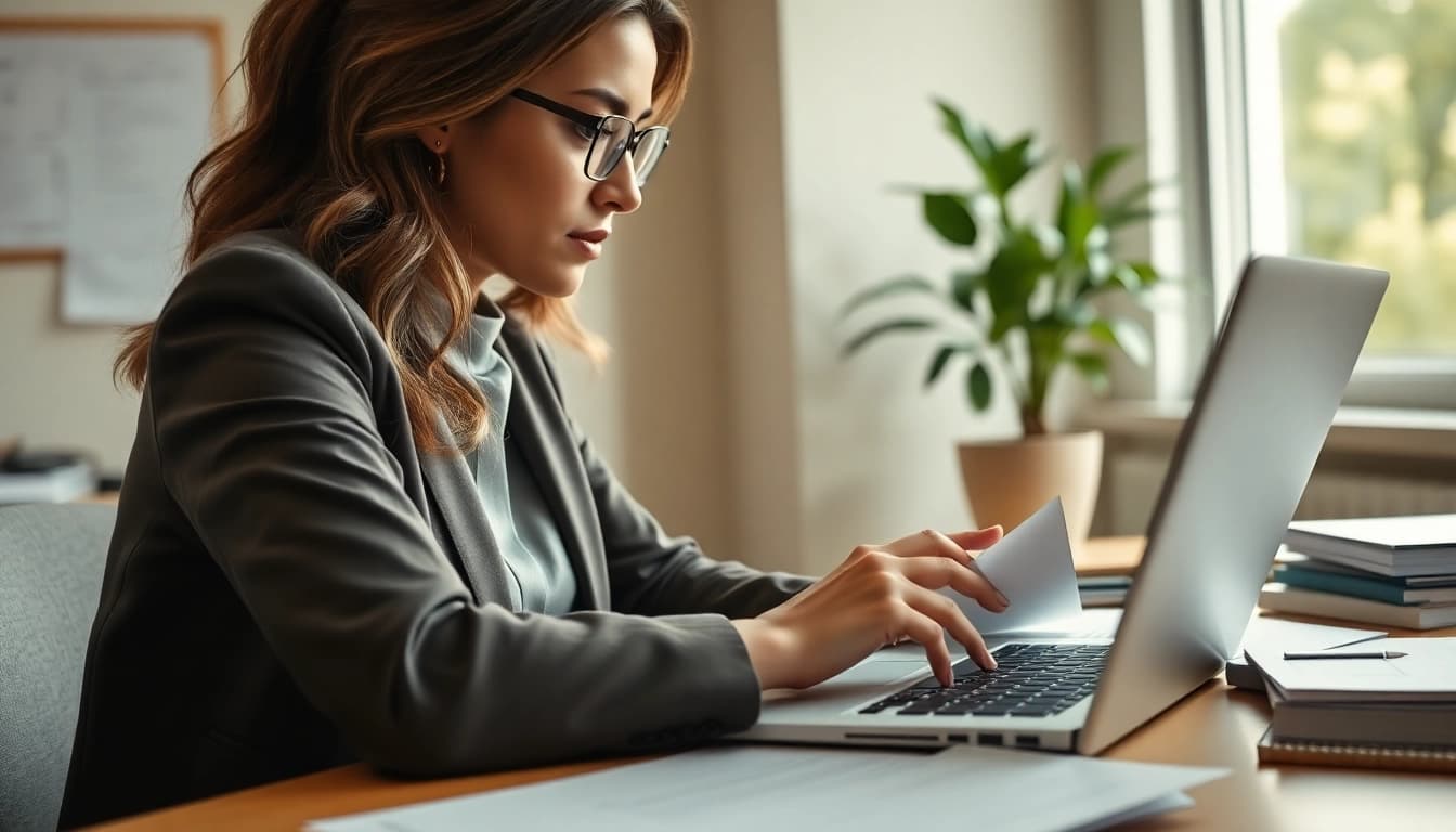 Consultant analyzing contracts and grants focused on her laptop at a workspace.