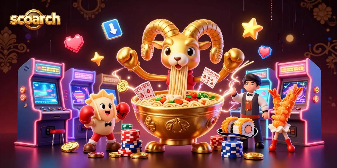 Engage with scoarch's vibrant 3D casino-themed illustration showcasing unique characters and gaming elements.