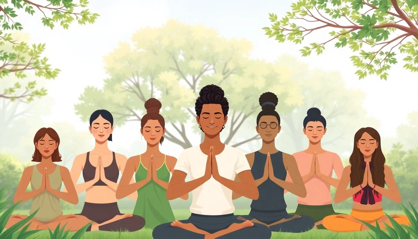 Practitioners demonstrating various yoga mudras in a tranquil natural setting