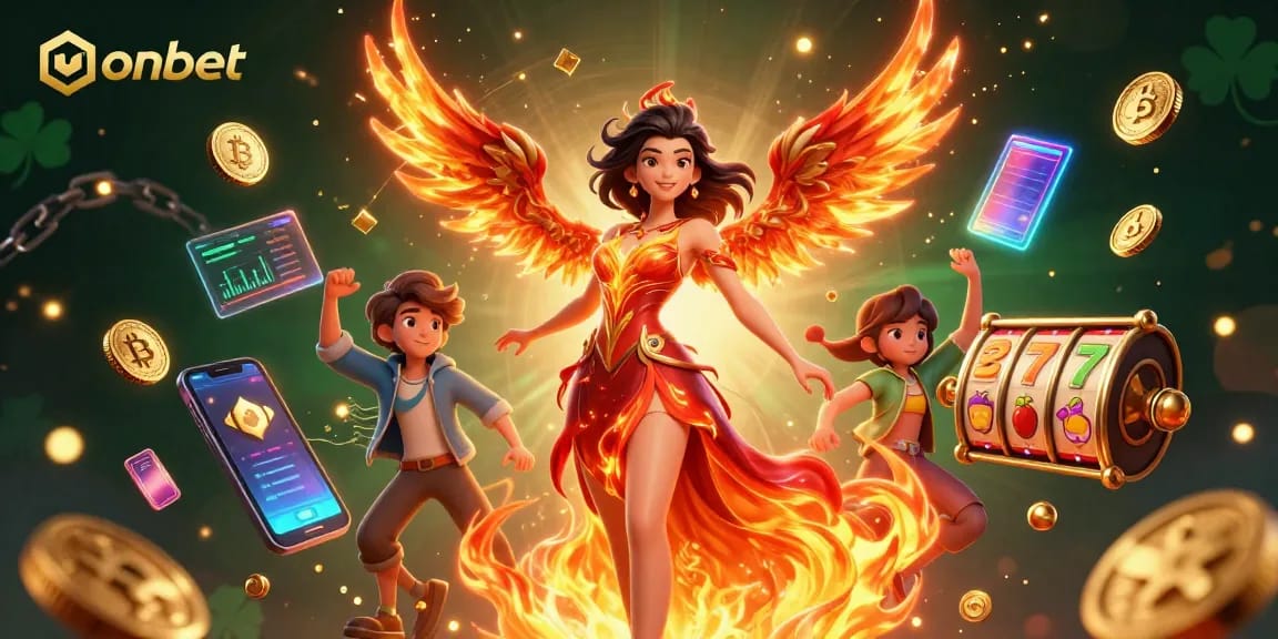 Engage in thrilling games at onbet with vibrant slot reels and a dynamic fire phoenix.