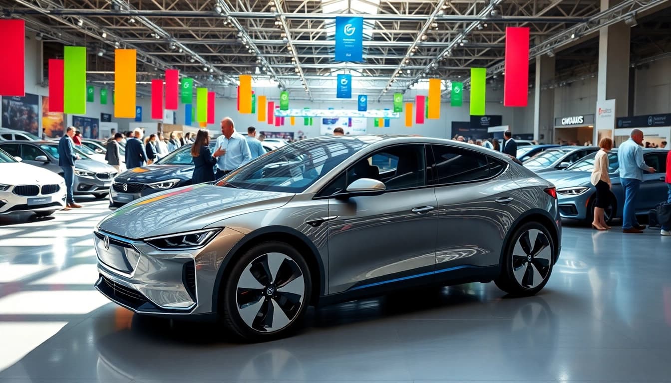 Attendees admiring vehicles at the vibrant Auto Cars Show event showcasing electric and modern cars.
