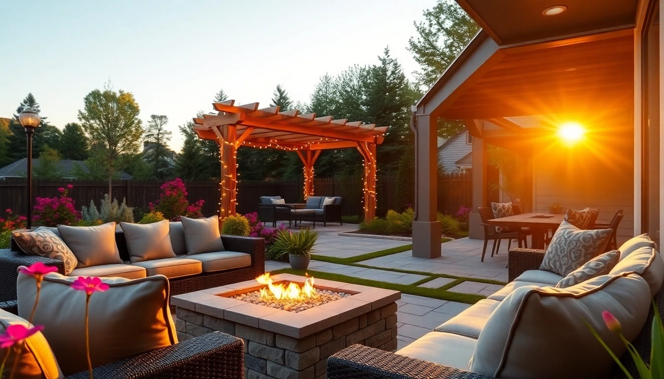 Wellesley Outdoor Living patio featuring an inviting fire pit and lush landscaping.