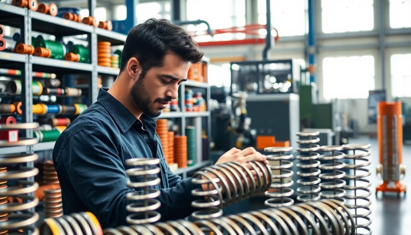 Gas Spring Supplier inspecting high-quality gas springs in a modern manufacturing facility.