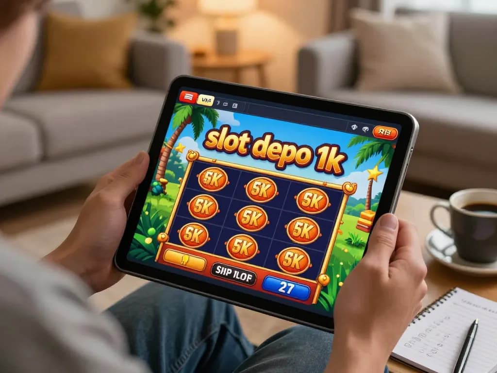 Pemain menikmati permainan slot depo 1k di tablet dalam pengaturan rumah yang nyaman.