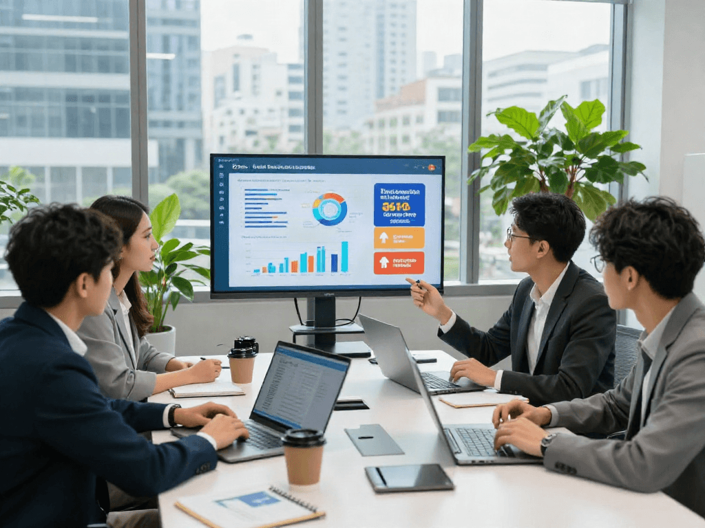 Dynamic office scene showcasing team collaboration on attracting bonus new members with financial metrics and engaging discussions.
