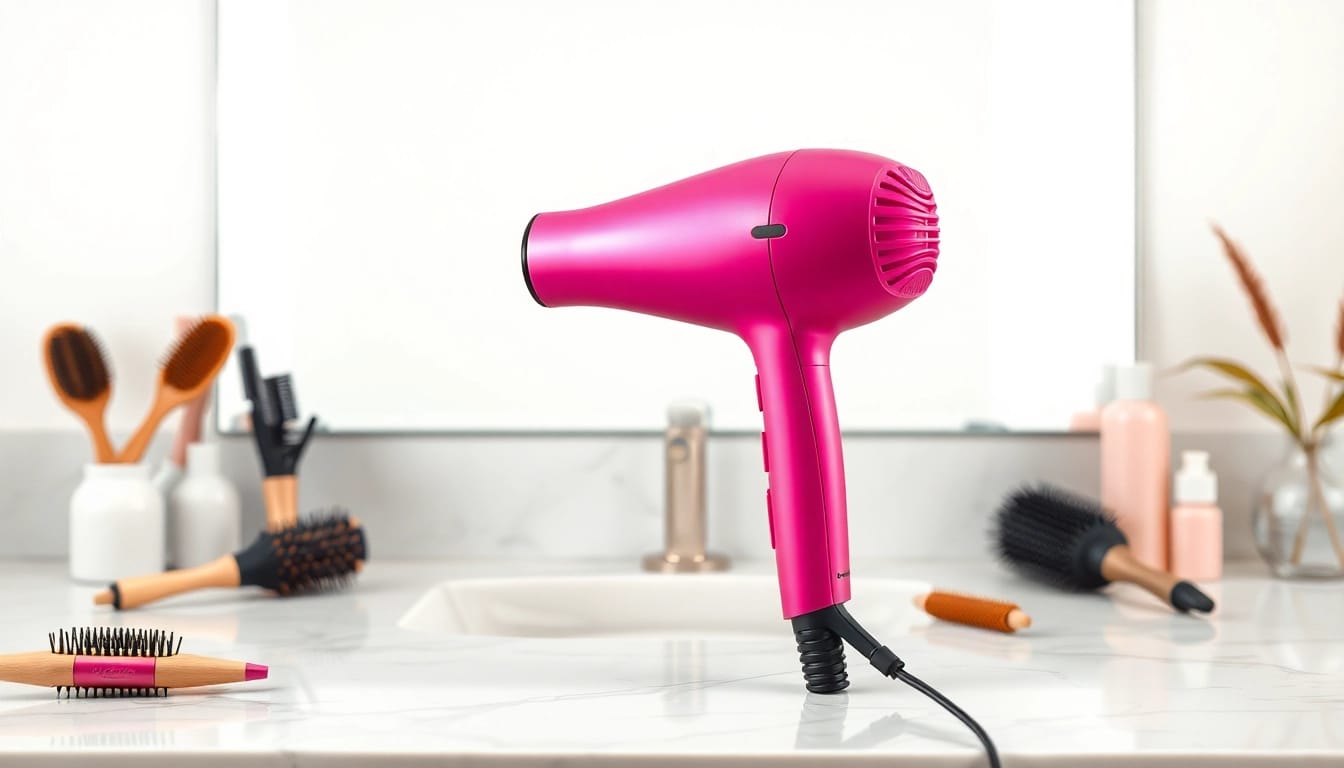 Frizzy hair dryer on a vanity, showcasing its sleek design and premium features for effortless styling.