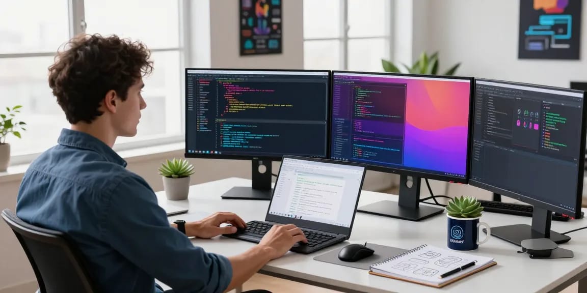 Engaging workspace of a developer coding the 纸飞机中文版 application with modern tech and vibrant atmosphere.