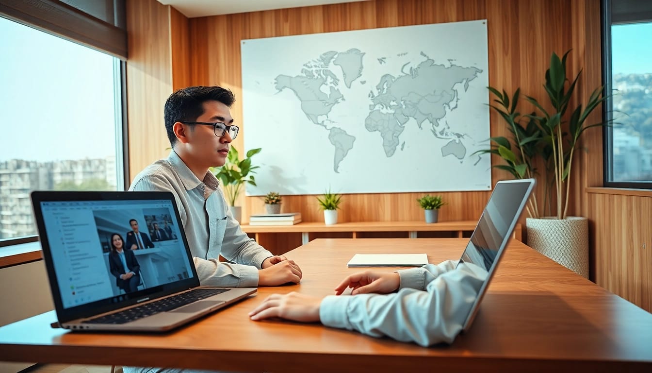 Business professional preparing for a 출장 surrounded by travel elements in a modern office.