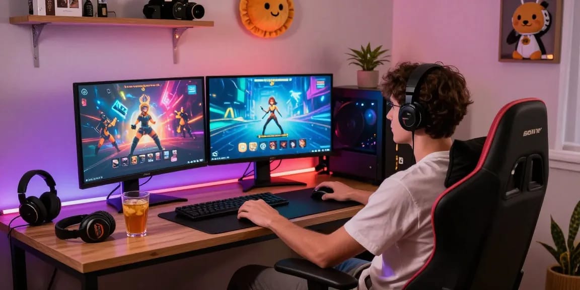 Enjoying free porn games in a cozy gaming setup with snacks and ambient lighting.